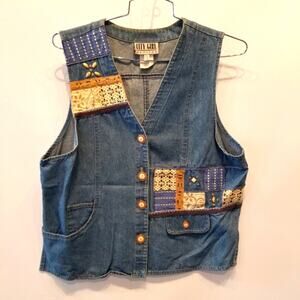 Vintage 90's Boho Denim Vest Gypsey Style Button Vest Petites Size 14